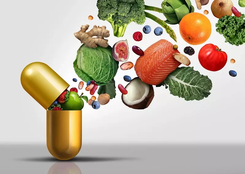 vitamin pill opened up with veggies and fruits coming out