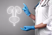 A urologist pointing to a diagram of the kidneys and bladder
